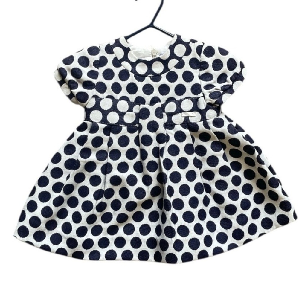 Mayoral Polka Dot Dress Baby Girl 9M Navy Blue Cream Short Sleeve Bow Jacquard